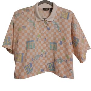 RARE VINTAGE WOMEN'S GITANO PEACH & WHITE SHORT SLEEVE BUTTON-UP TOP SIZE M